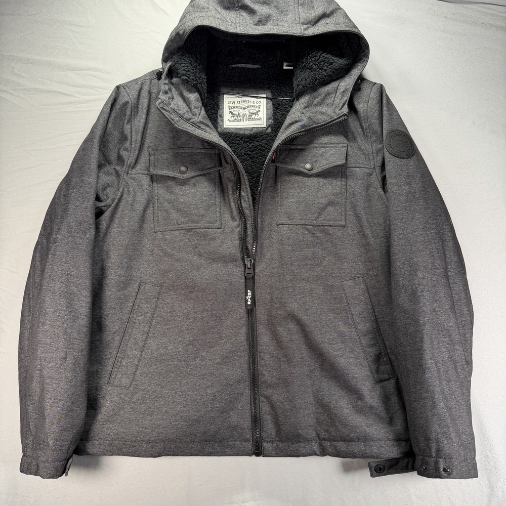Levis Jacket Mens Large Gray Full Zip Sherpa Lined Fleece Pockets Hooded